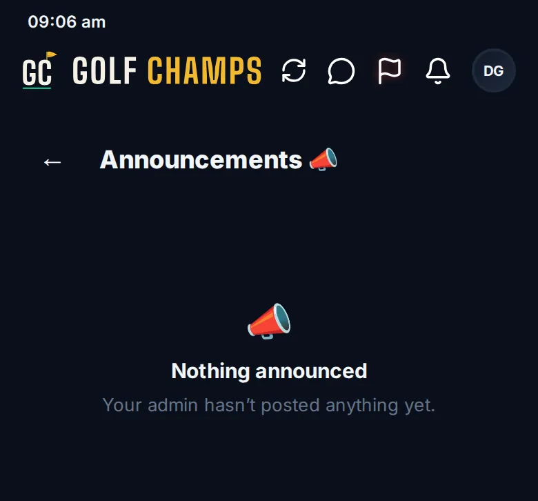 The Announcements screen before anything has been posted, reading Nothing announced