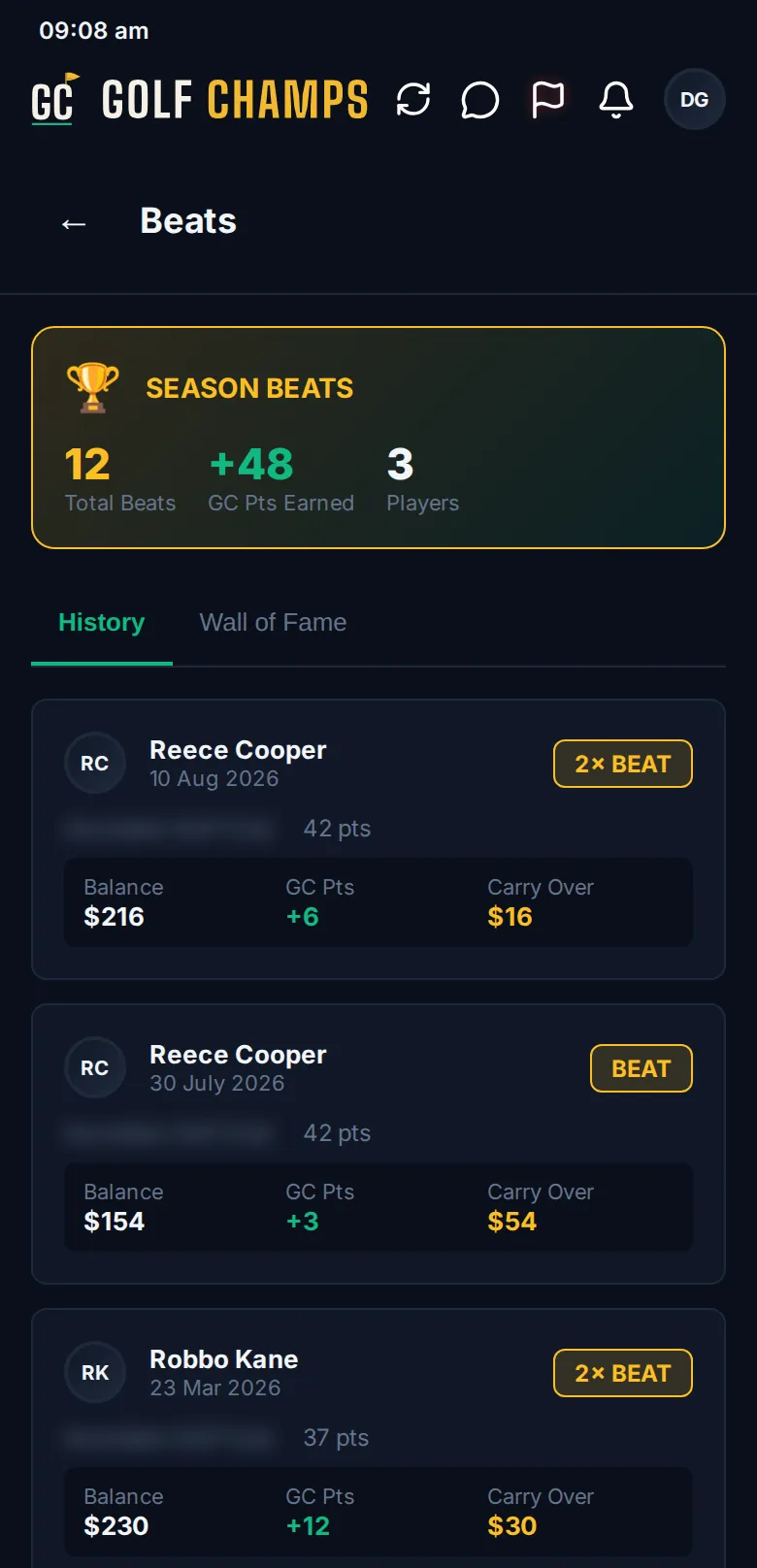 The Beats screen: the SEASON BEATS totals, then the History tab with each beat round’s balance, GC points and carry over