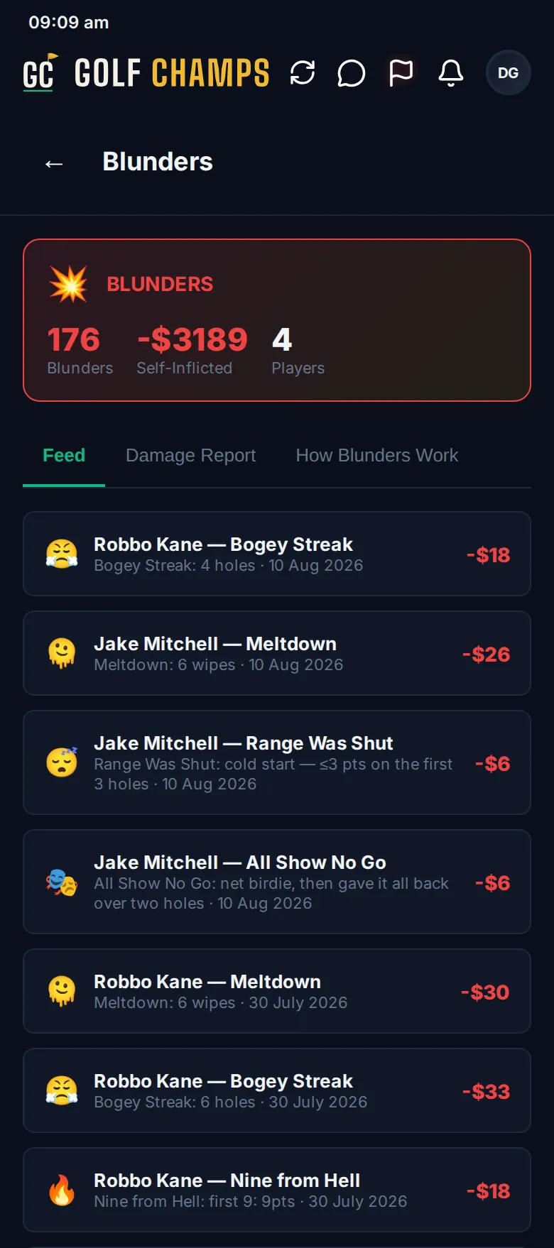 The Blunders Feed: each blunder with its emoji, the player and the blunder’s name, what happened, the date and what it cost