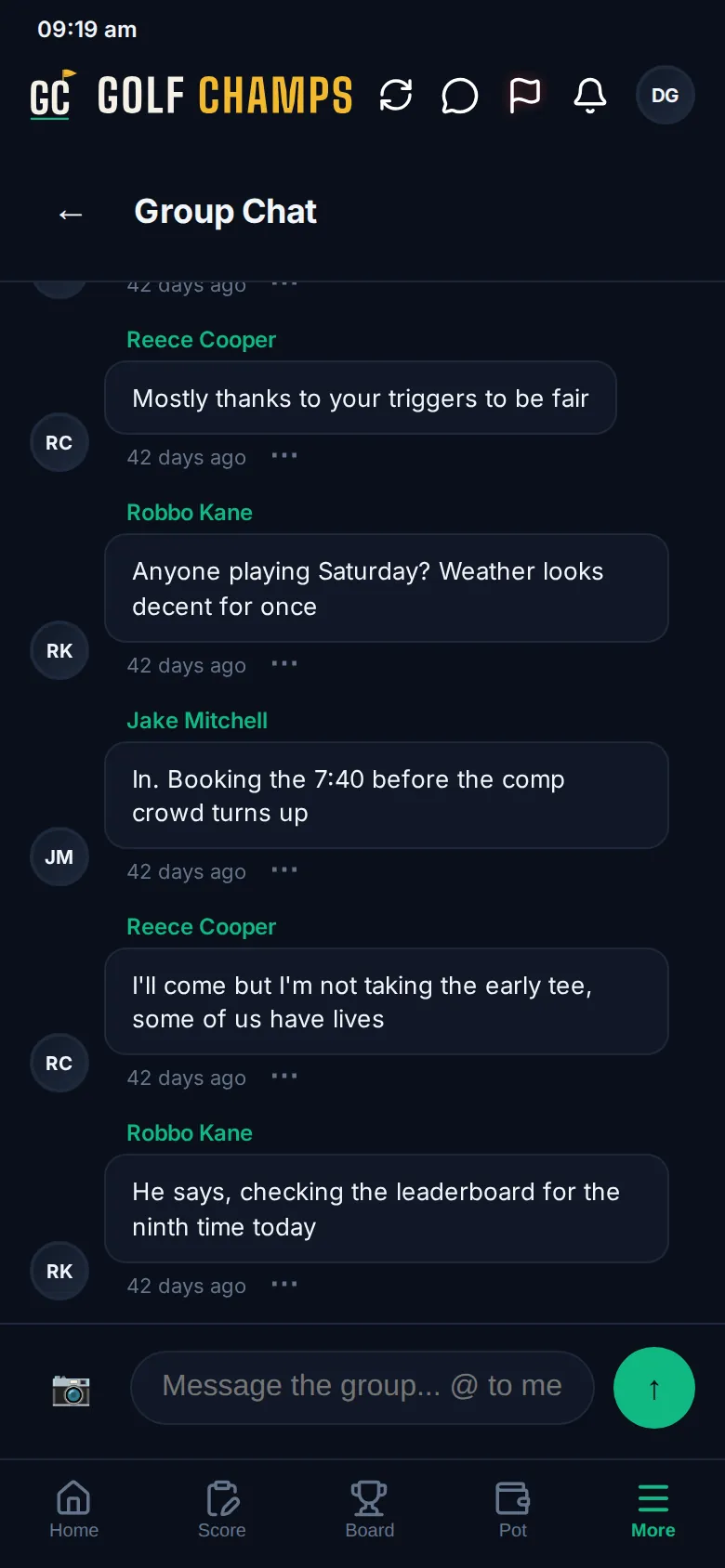 A Group Chat thread: messages from three mates, each with a name, a time and a menu button, and the message box at the bottom