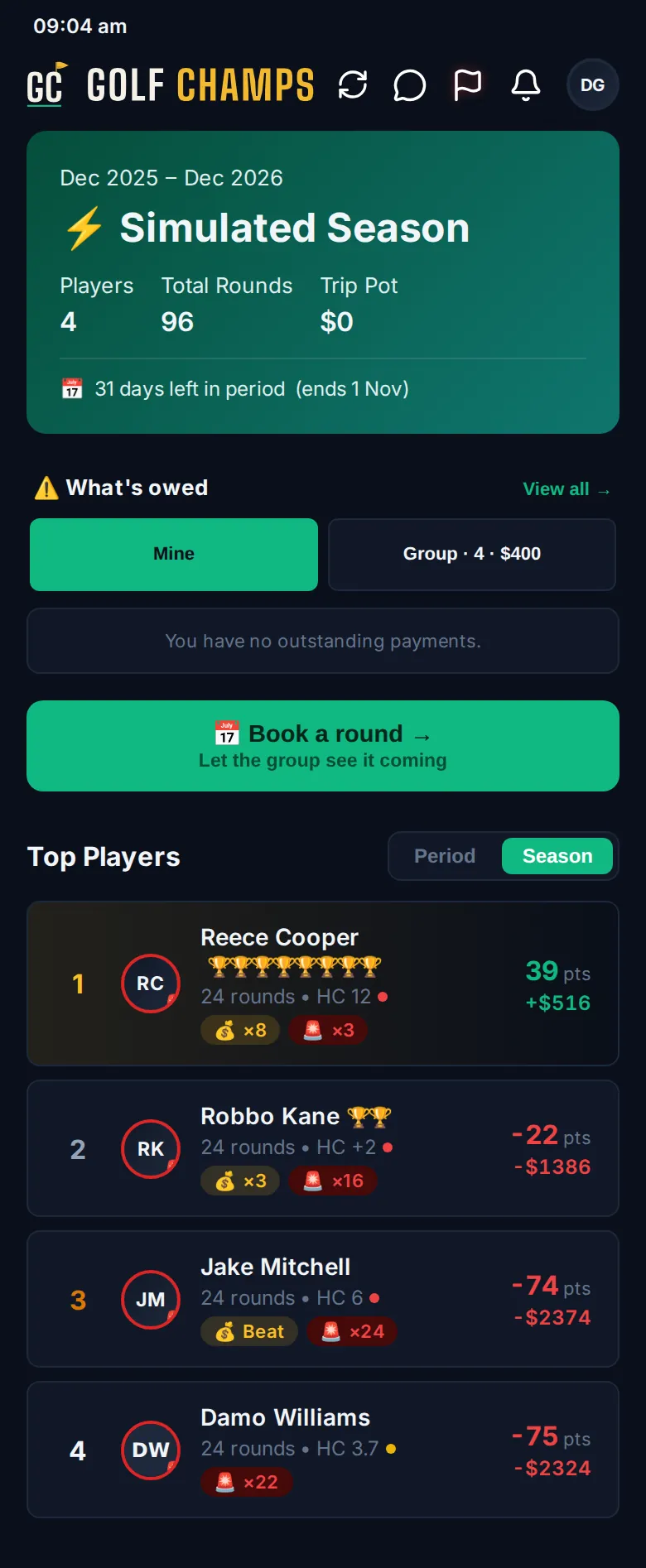 Top of the Home screen: the season card, What's owed, the Book a round button and Top Players