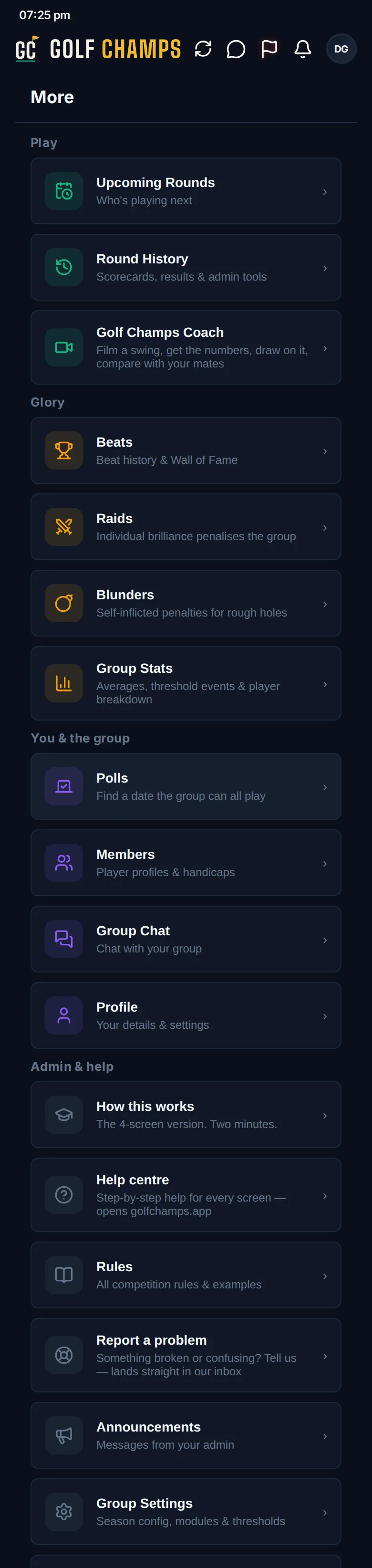 The More menu, with its rows grouped into sections