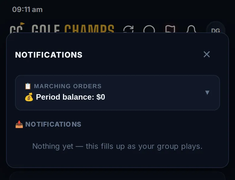 The notifications drawer open: Marching Orders at the top, the notification list underneath