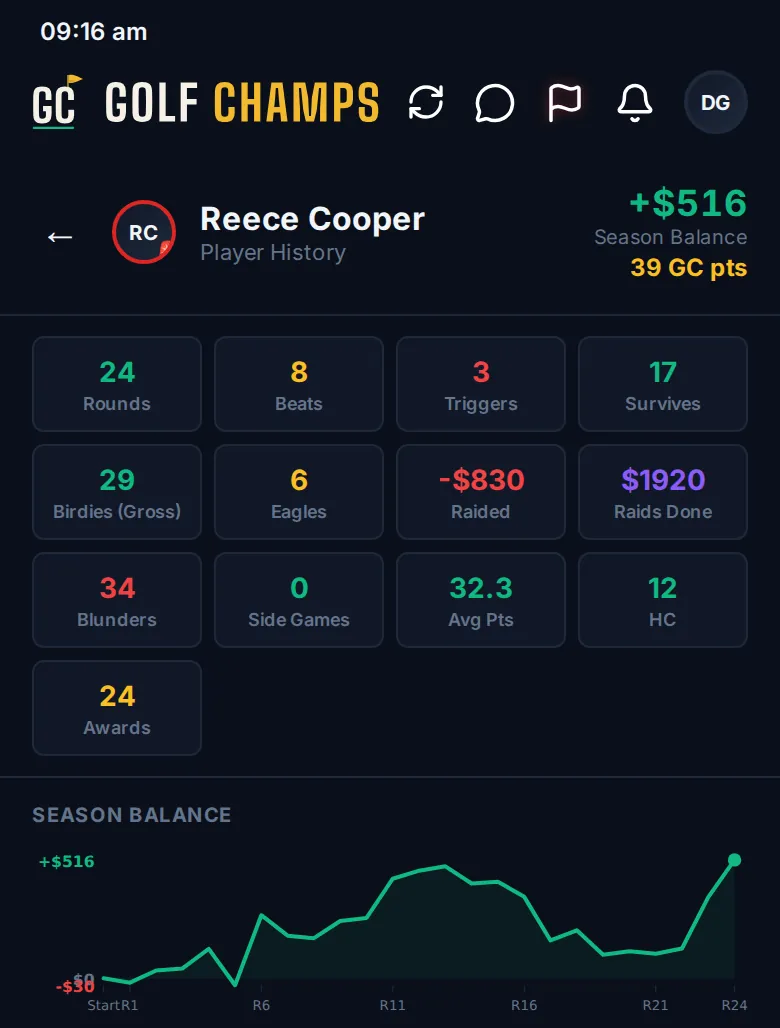 The top of a player's page: the name with the season balance and GC points, then the grid of stat tiles