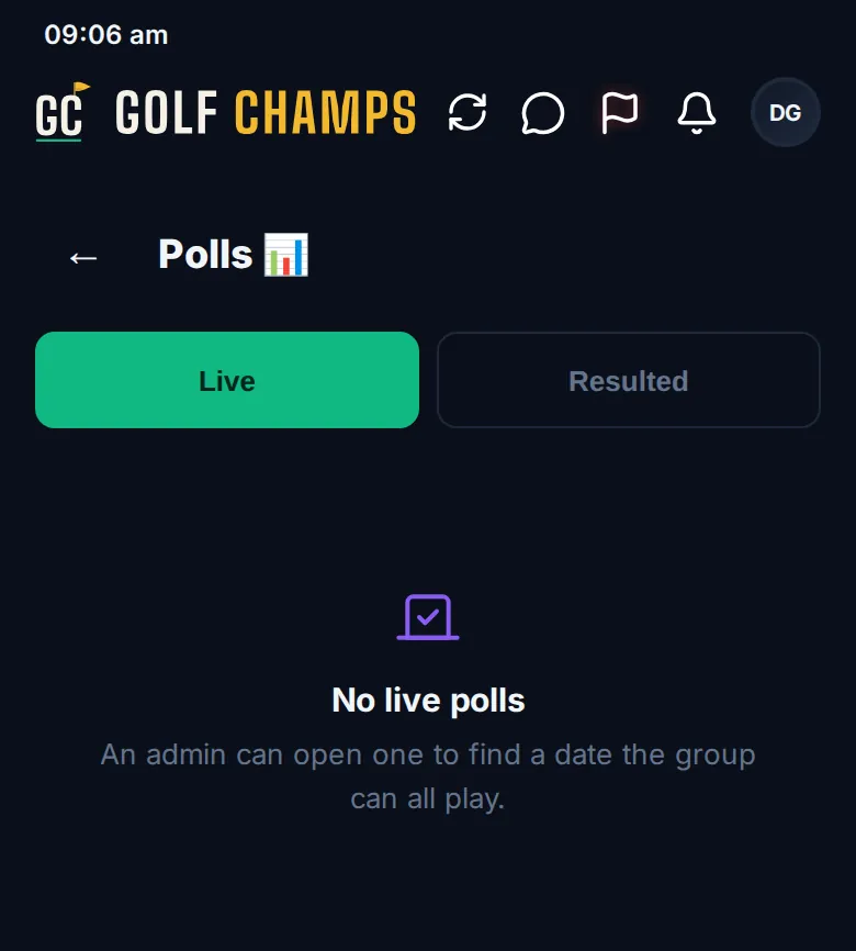 The Polls screen with the Live and Resulted tabs and the No live polls message