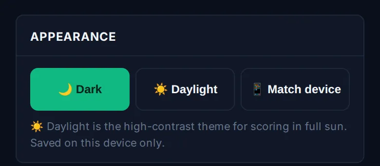 The Appearance chooser: Dark, Daylight and Match device