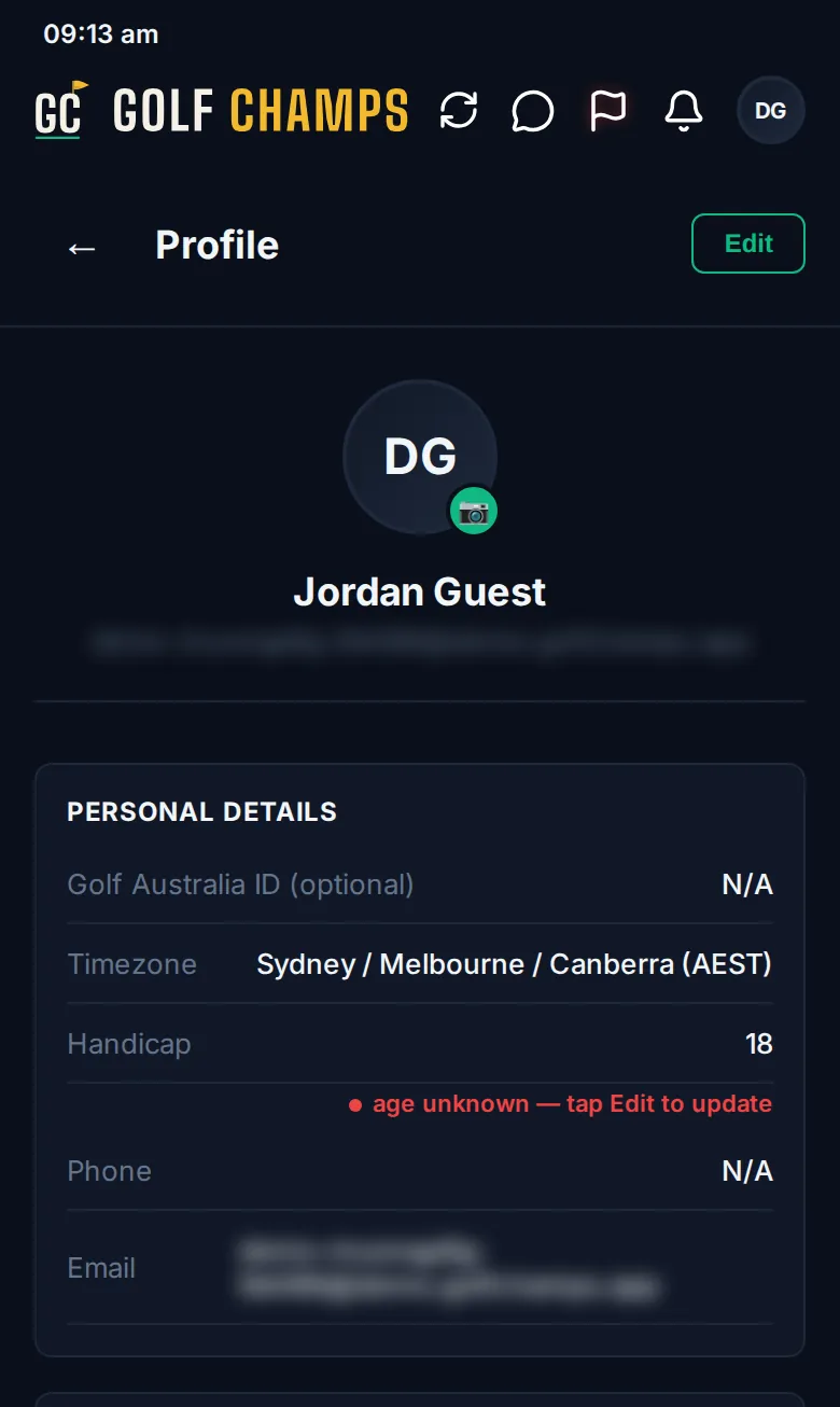 Top of the Profile screen: photo, name, email and Personal Details