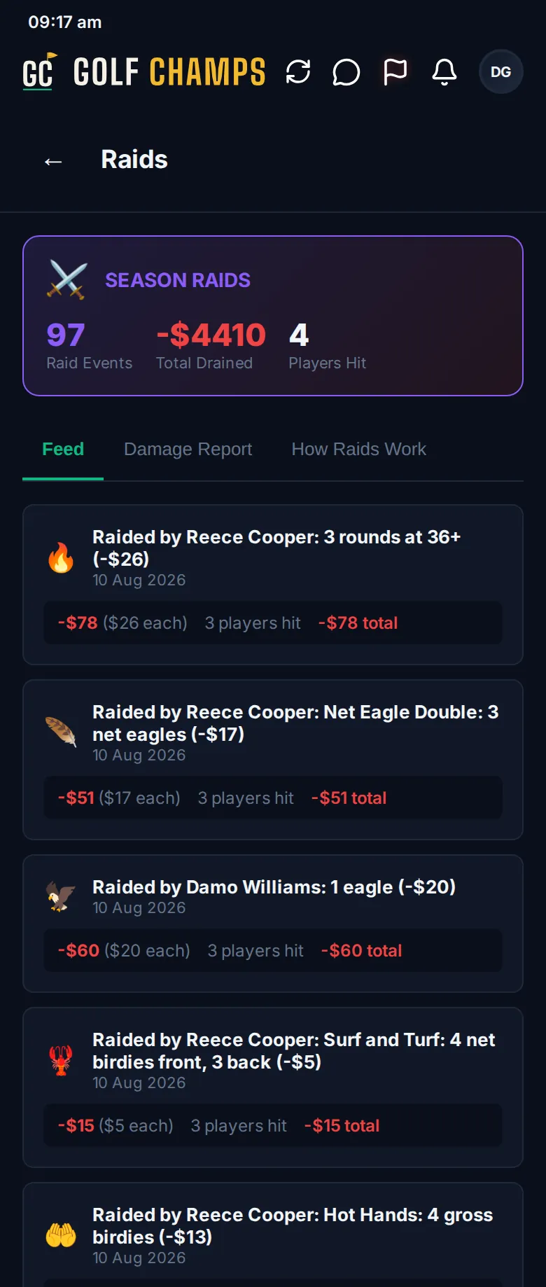 The Raids Feed: each raid with its emoji, who raided and what for, the date, what each player lost and how many players were hit