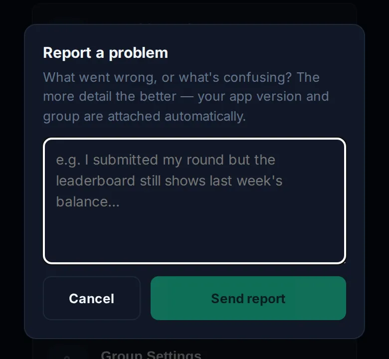 The Report a problem box: a text field with Cancel and Send report buttons