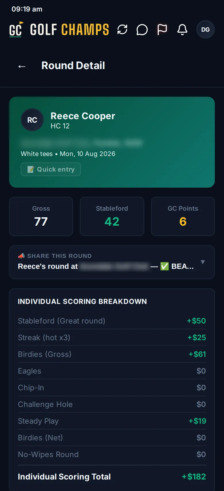 The top of Round Detail: the player card, then Gross, Stableford and GC Points, the Share this round bar and the start of the scoring breakdown