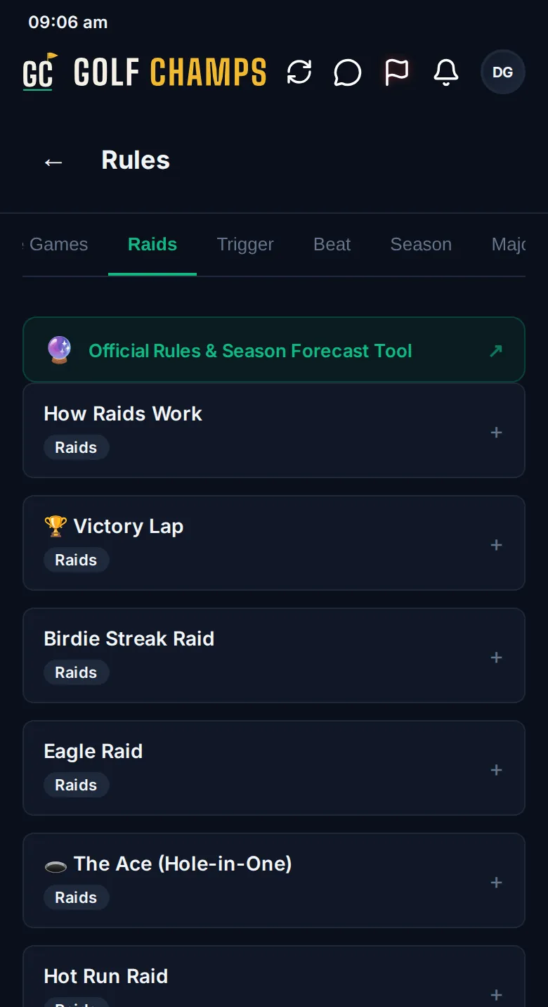 The Rules screen filtered to Raids, each rule showing its title and a category tag