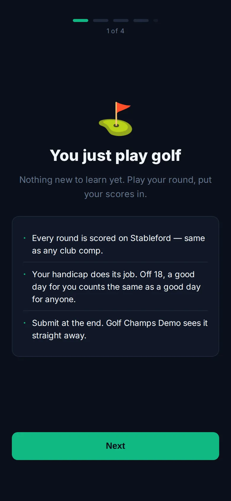 Walkthrough screen 1 of 4, headed You just play golf, with three short points and a Next button