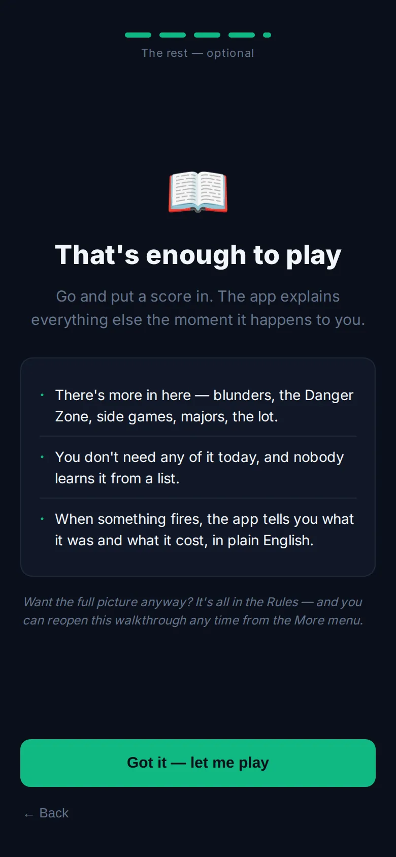 The optional last screen of the walkthrough, headed That's enough to play